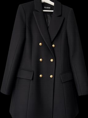 Guess Black Double-Breasted Pea Coat with Gold Buttons